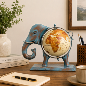 Art Deco Metal Blue Antique Finish <b>Elephant</b> Globe | Vintage World Globe <b>Decorative</b> Statue | Handmade Metal Tabletop Home Office - Product Image 6