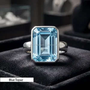 Anillo de Plata 925 con Topacio Azul Corte Esmeralda, Engaste de Bisel, Diseño Geométrico Clásico, Unisex, para Uso Diario - Product Image 5