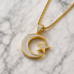 Colgantes Religiosos Personalizados de Plata 925 Chapados en Oro con Diamantes Naturales, Estilo Hip Hop Islámico Musulmán con Luna y Estrella de Alá - Product Image 3
