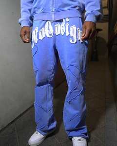 Pantalones de invierno casuales con capucha, efecto desgastado, apliques bordados, corte acampanado, lavado ácido, alta calidad, 100% algodón, forro polar, estilo urbano. - Product Image 4