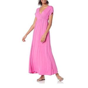 Robe longue noire à col en V et manches courtes, style décontracté simple pour l'été, en tissu jersey respirant, vêtement polyvalent pour femme, fabrication usine - Product Image 3