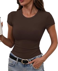 T-shirt décontracté en maille marron à manches courtes et col en V pour femme, coupe classique, en toile compressée écologique, couleur unie, collection printemps-été - Product Image 1