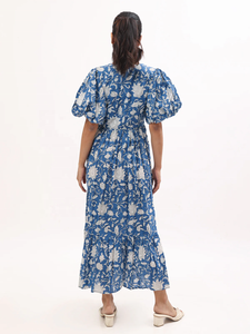 Mujeres Floral Impreso Puff Mangas Maxi Vestido Mujeres Fit and Flare Blanco Azul Oscuro - Product Image 4
