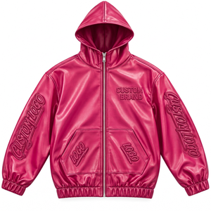 Chaqueta con Capucha de Cuero Personalizada para Hombre, con Grabado en el Pecho y en las Mangas, Cierre Completo, Ropa Urbana de Moda - Product Image 6