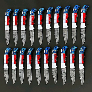 Lot of Damascus Steel Folding <b>Knives</b> American Theme Back <b>Lock</b> EDC Pocket <b>Knives</b> Wholesale Pack with Leather Sheath - Product Image 4
