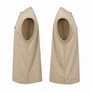 Bulk Personalized Men’s Oversized Sleeveless Muscle Tee <b>Y2K</b> Grunge Distressed Cotton Tank <b>Top</b> Beige Low Price Wholesale - Product Image 4