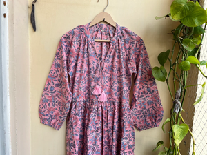 ชุดเดรสยาวผ้าฝ้ายอินเดียลำลองสำหรับผู้หญิงเดรสแม็กซี่ปักลายดอกไม้แขนยาว - Product Image 5