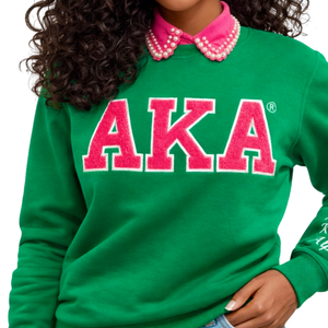 เสื้อสเวตเชิ้ตสีเขียว AKA Green Chenille สำหรับผู้หญิง ปักลายตัวอักษรกรีก คุณภาพพรีเมียม คอกลม - Product Image 3