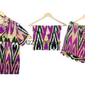 Ensemble de pyjama en coton 100% pur, élégant, romantique, classique, vintage, imprimé à la main, pour l'hiver, l'été, les vacances, avec short kangourou - Product Image 2