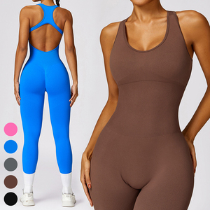 Custom Fashion Seamless High Waist Yoga <b>Jumpsuit</b> Solid Color Full Length Bodysuit With Hollow Out Back Design For Women Fitness - Product Image 4