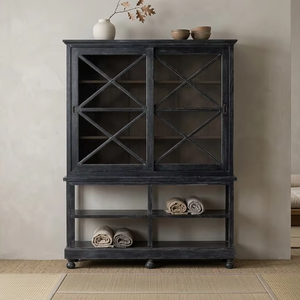 Vintage Salvado Cabinet Premium Eco-Friendly Durable <b>Solid</b> Teak <b>Wood</b> Display <b>Bookcase</b> X-Motif Glass Sliding Doors Living Room - Product Image 2