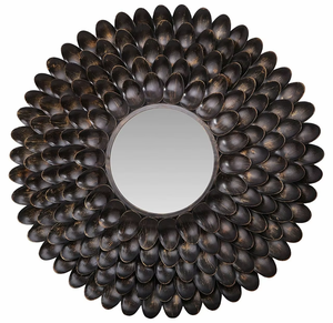 Rustic Black Spoon Petal Round <b>Wall</b> <b>Mirror</b> <b>Antique</b> Bronze Metal Sunburst Accent Floral Frame Entryway Living Room Vanity Decor - Product Image 1