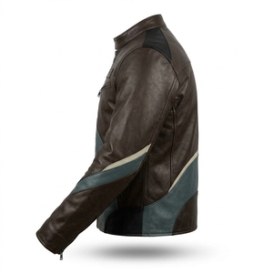 Chaqueta de Cuero Genuino Marrón Oscuro para Hombre, con Rayas Curvas Onduladas, Ribete Crema Azul Turquesa, Cuello Alto y Cierre de Cremallera, Estilo Motero - Product Image 4