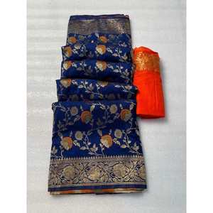 ATRACTIVE GEORGETTE ZARI MEENAKARI TRABAJO DE TEJIDO SAREE CON BLUSA DESCOSADA AZUL MARINO - Product Image 1