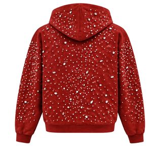 Sudadera con capucha roja ladrillo perlada con cremallera completa, chaqueta de moda urbana con tachuelas de perlas, sudadera informal con capucha de manga larga y bolsillos - Product Image 2