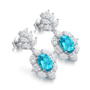 Pendientes de Diamantes Azules de Corte Ovalado de Lujo para Mujer con Detalles de Diamantes Blancos, Joyería de Boda, 28 mm de Largo - Product Image 3