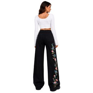 Jean large noir brodé floral pour femme, taille haute, coupe ample, style vintage, décontracté, mode, vêtements personnalisés OEM ODM - Product Image 2