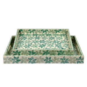 ชุดถาด MDF รูปทรงสี่เหลี่ยมผืนผ้า ลายใบไม้สีเขียวสไตล์วินเทจ งานฝีมือประดับเปลือกหอย ดีไซน์หรูหราสำหรับตกแต่งบ้าน - Product Image 2