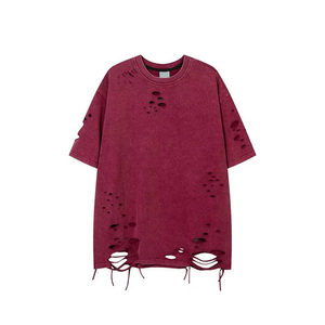 Camiseta de algodón gris oversize para hombre, manga corta, cuello redondo, estilo urbano desgastado, jersey sólido de punto, largo extendido - Product Image 3