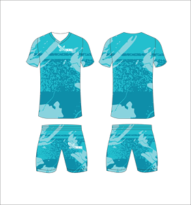 Conjunto de Camiseta y Pantalones Cortos de Fútbol Sublimados Personalizados Ferocious para Hombre, Cuello en V, Absorbe la Humedad, Ropa Deportiva, Diseño con Estampado Azul, Venta al Por Mayor - Product Image 1