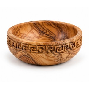 Tazón para especias hecho a mano de madera de olivo con diseño griego de meandro, venta al por mayor desde India. - Product Image 1