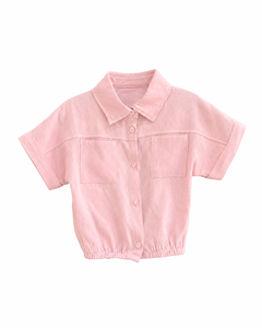 เสื้อเชิ้ตแขนสั้นผ้าลินินผสมสีชมพูสำหรับเด็กผู้หญิง |   เสื้อเชิ้ตติดกระดุมลำลองสำหรับฤดูร้อน - Product Image 1