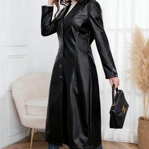 Trench-coat en similicuir pour femme, long manteau boutonné à revers, veste classique à l'aspect cuir avec ceinture pour l'automne et l'hiver - Product Image 4