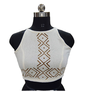 Camiseta sin mangas corta Tribal 100% algodón estampado de bloque de mano y cuello redondo Casual longitud corta tela tejida transpirable - Product Image 1