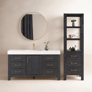 Solid Wood Black <b>Cabinet</b> with 3 Drawers and Open Shelves Tall <b>Wooden</b> Storage Cupboard for <b>Bathroom</b> Bedroom and Home Organization - Product Image 5