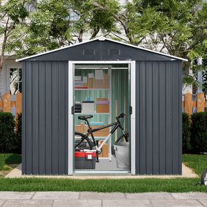 Caseta de Almacenamiento Metálica para Exteriores de 8 pies x 4 pies con Puerta Corredera y Base para Patio Trasero y Jardín (Negro y Blanco) - Product Image 3