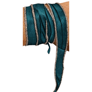 Cinta de Seda 100% Pura Y S INTERNATIONAL con Borde Metálico Color Cobre, Cordón Plano Color Verde Azulado Oscuro para Joyería, Manualidades, Bolsas y Embalaje - Product Image 1