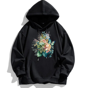 เสื้อฮู้ดดี้โอเวอร์ไซส์ลายกราฟิกผีเสื้อและดอกไม้สำหรับผู้หญิง ผ้าฝ้าย 100% สวมหัว สไตล์ลำลอง สตรีทแวร์ รับผลิตแบบ OEM ODM - Product Image 3