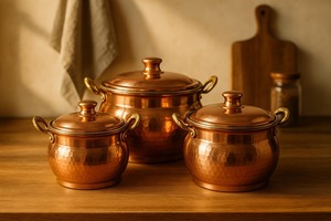 Casserole en cuivre artisanale, finition martelée, forme ronde, ustensile de cuisine en métal durable avec couvercle, design classique - Product Image 3