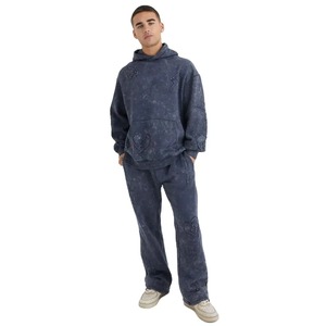 Survêtement d'hiver unisexe personnalisé en molleton 100% coton respirant, délavé à l'acide, style streetwear vintage, avec sweat à capuche appliqué et pantalon à jambe large uni - Product Image 1