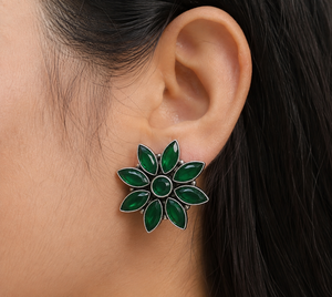 Vintage Jade Flower <b>Stud</b> <b>Earrings</b> Women | <b>Silver</b> Plated Brass Floral Statement <b>Earrings</b> | Marquise Petal Boho Jewelry Direct - Product Image 3