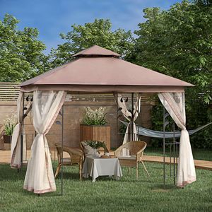 "2 Tier Patio Gazebo <b>Canopy</b> 10FT X 10FT Steel Frame Brown with Polyester <b>Roof</b> Netting & Curtain Sidewalls for Villa & Courtyard" - Product Image 2