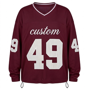 Ropa deportiva personalizada, camiseta de fútbol americano, color granate, poliéster, malla, manga larga, cuello en V, atlética, deportiva, transpirable, corte holgado. - Product Image 1