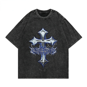 เสื้อยืดพิมพ์ลายกราฟิกแบบย้อมสีกรดสำหรับผู้ชาย ผ้าฝ้าย 100% สไตล์วินเทจ ย้อมสีกรดแบบมิเนอรัล คอกลม ทรงหลวม - Product Image 1