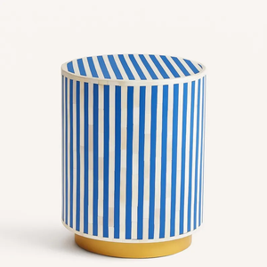 Mesa Auxiliar Redonda Azul y Blanca con Base Dorada, Hecha a Mano con Incrustaciones y Rayas – Mesa Moderna - Product Image 5