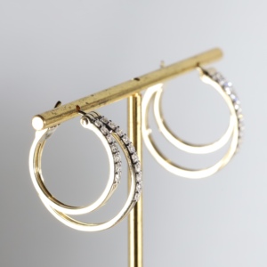 Boucles d'oreilles créoles Bali en or jaune, classiques, double rangée de diamants de laboratoire, pavé de cristaux, bijoux fins pour femmes - Product Image 3