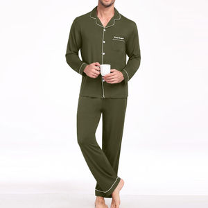 Ensemble de pyjama vert olive à manches longues pour hommes, avec bordure blanche et poche avant, vêtements de nuit décontractés, vêtements d'automne - Product Image 6