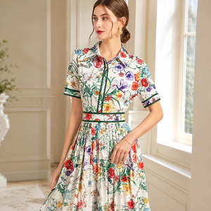 Vestido de Fiesta de Verano de Alta Calidad para Mujer, Cintura Imperio, Cuello Camisero, Estampado Floral Colorido, Manga Corta, Largo Midi - Product Image 3