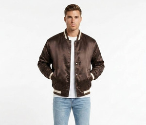 Men's Brown Satin Varsity Jacket Regular Fit Solid Color Turn-down Collar Button Closure Left Sleeve Logo Autumn Casual Wear - Product Image 1