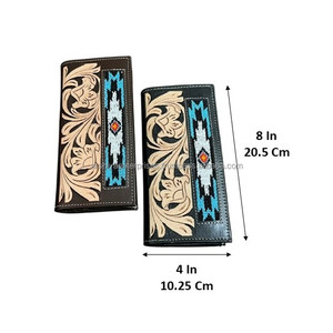 ODM OEM 2025 Hand Tooled Leather Long <b>Wallet</b> High Quality Genuine Leather Beaded Bifold Card <b>Holder</b> RFID Blocking <b>Wallet</b> for Men - Product Image 2