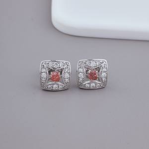 Lab Grown Pink <b>Diamond</b> <b>Square</b> Halo Stud <b>Earrings</b> 925 Sterling Silver | OEM Custom Luxury IGI Certified Rhodium Plated Fine - Product Image 1