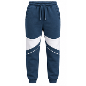 Custom Dark Blue Fleece <b>Jogger</b> Pants <b>White</b> Curved Contrast Panel Design Elastic Waist Ribbed Cuffs Wholesale OEM Clothing - Product Image 1