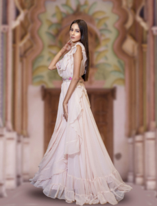 Elegant Pink Chiffon Straight Evening Gown Scoop Neck Asymmetric Ruffles Floor-Length <b>Natural</b> Sequined Embroidery Beading - Product Image 1