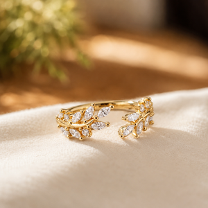 14K Plated Yellow Gold Wedding <b>Ring</b> Moissanite Open Band <b>Ring</b> Leaf Design <b>Adjustable</b> Women Engagement Jewelry - Product Image 1