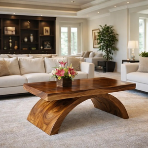 Elegante Mesa de Centro de Madera Maciza de Suar, Base Curva Escultural Moderna, Mesa de Centro Contemporánea Hecha a Mano, Muebles para Sala de Estar - Product Image 4