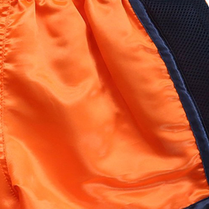 Shorts de combat Muay Thai orange avec empiècements latéraux bleu marine, respirants, séchage rapide, polyester, équipement de combat toutes saisons - Product Image 5